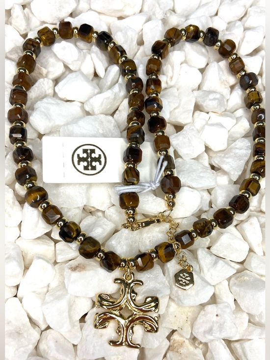 Tory Burch Jewelry - Tory Burch Tigers eye Brown Beaded Necklace with Gold Cross Pendant w light box